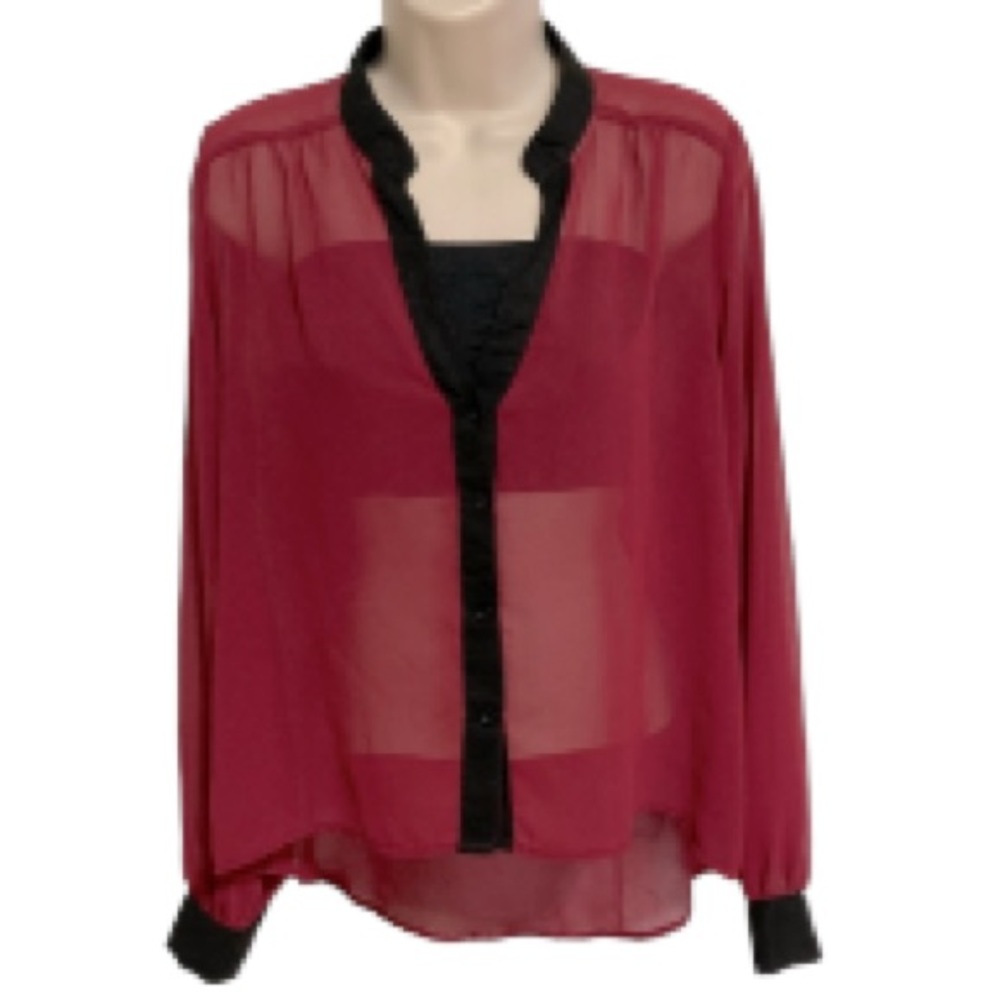 Sheer Button Down High Low Tunic Maroon Black Accent Blouse Womens Large